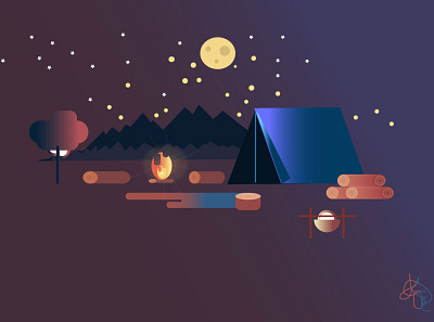 camping art camp campfire camping campsite design flat illustration illustrator minimal night nighty stars vector