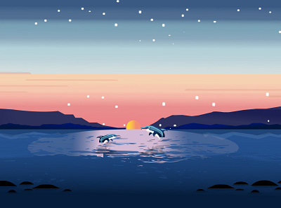 sea blue design dolphin dribbble flat illustration illustrator minimal sea seafun starrynight stars sunset sunsetting vector