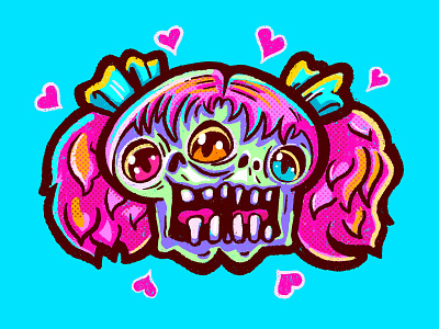 Ada & Clara - Conjoined skulls with pink hair alan defibaugh conjoined creepy cute digital drag gorgeous halftone hearts illustration kawaii lgbtqia surprise texture twins