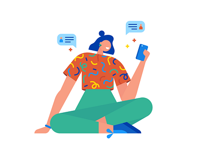 Chat 2d character chat flat illustration geometric girl illustration online chat smartphone