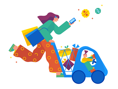 Shopping 2d character customer flat illustration geometric happy illustration kid purchases shopping smartphone