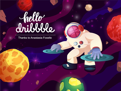Hello, Dribbble! astronaut cartoon design dj first shot flat hello dribbble illustration invitation planet space vector
