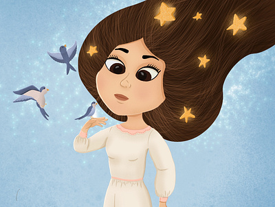 The maiden who patronizes birds and wears stars in the hair illustration