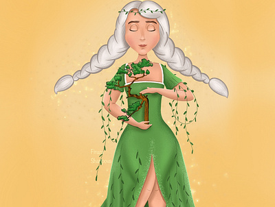The maiden who protects trees and wears two white braids girl illustration maiden procreate tree