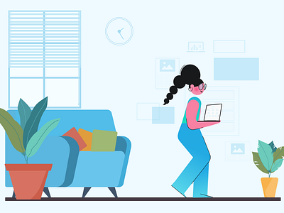 Works character flat gradient illustration plant remote work vector web woman work workspace