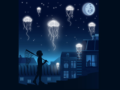 Night art boy character design city illustration jellyfish landscape moon night sky vector