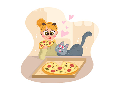 Pizza art cat character design girl illustration love pizza vector