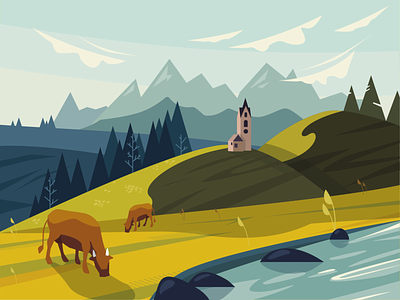 Cows art cow field forest illustration landscape mountain vector
