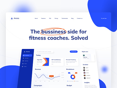 Arena: the business side for fitness coaches. Solved. admin admin panel analytics chart dashboard dashboard ui design system fitness fitness app fittech interface landing landing page product design product page saas statistics visual design web web design