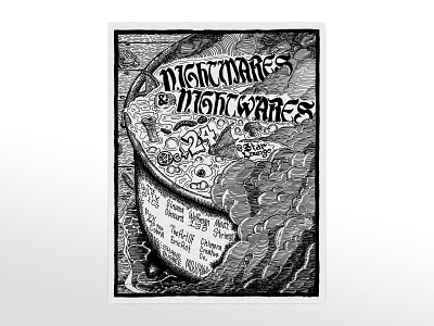 Nightmares and Nightwares Flyer austin winstead black and white blackletter calligraphy crosshatching halloween hatching horror art illustrated typography illustration line art october pen and ink potion romanticism seasonal spooky typography witch witchy