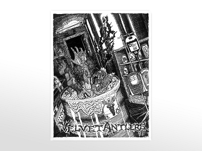 Velvet Antlers - Crust Punk DJ Flyer austin winstead black and white black metal crust punk death metal event flyer hardcore hatching healthcare heavy metal horror art illustrated typography illustration live music music promotion pen and ink political commentary
