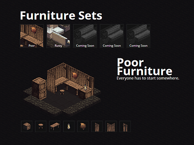 Furniture set webpage. caves development game webpage website