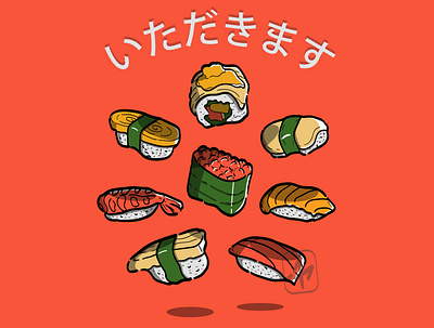 Sushi 'n Friends art branding design fish flat flat design food icon illustration japan japanese lettering logo minimal pastel sashimi sushi typography vector