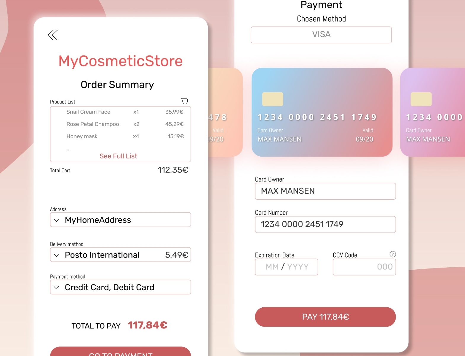 Credit Card Checkout app design flat minimal ui