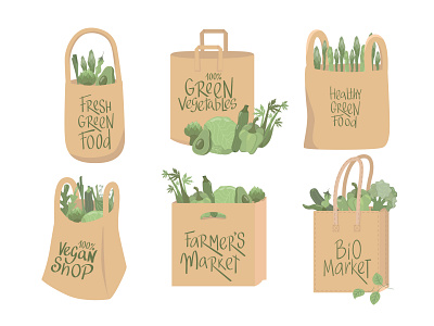 Eco bags with vegetables and lettring for organic food shop. bag bio market branding design eco eco packaging illustration lettering organic food package shop vegan vegetable