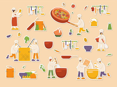 Funny cook character illustrations in stickers set. character cook decor design food funny funny character home illustration kitchen people recipe book set sticker stickers vector vectorart