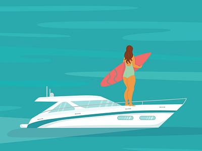 Speed yacht with body positive surfer woman in the ocean.