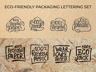 Eco friendly, recycle, sustainable packaging lettering set. illustration organic