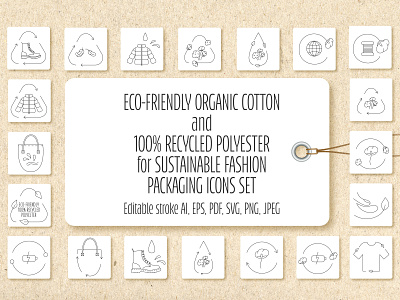 Eco-friendly organic cotton and recycled polyester icons set.