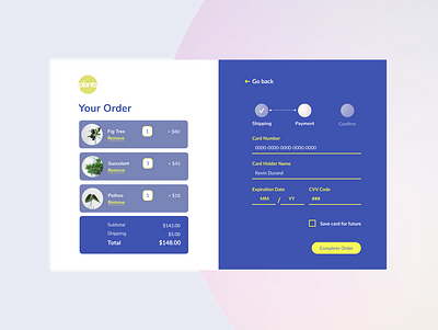 Daily UI 002 - Credit Card Checkout Page checkout form checkout page credit card form credit card payment dailyui dailyui 002 design challenge flat design green plants purple shopping cart