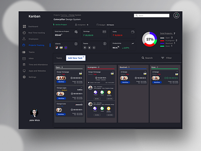 Kanban Board - Project Management with Time Tracking. agenda agile crm dashboad design kanban board kanban management neumorphic design office tools pattern design patterns project management project tracking soft ui task management team time tracker time tracking software ux ui web app