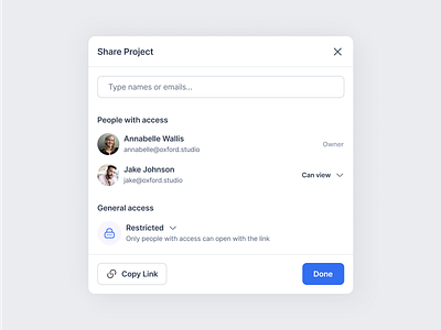 Share project modal | Copy Link | Input field | Avatars daily ui product design ui uiux