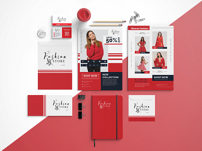 Fashion Branding Stationary Design amazon packaging brand identity branding brochure business card cosmetics design design templates envelope flyer graphic design illustration logo pattern red stationary ui women clothing