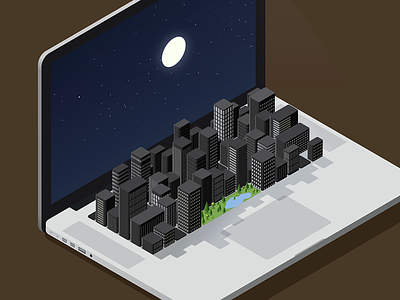 Laptop City buildings city illustration isometric laptop macbook moon night park stars vector
