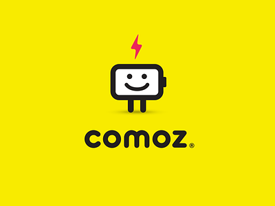 Comoz battery cartoon design happy identity lighting logo yellow