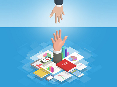Drowning in data 3d editorial hands illustration isometric