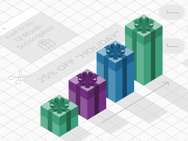 Holiday Revenue saas recurly growth revenue discounts holiday presents bar graph coupons isometric grid isometric