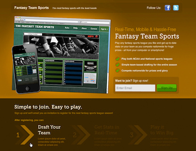 Fantasy Sports Landing Page brown landing page orange warm website yellow