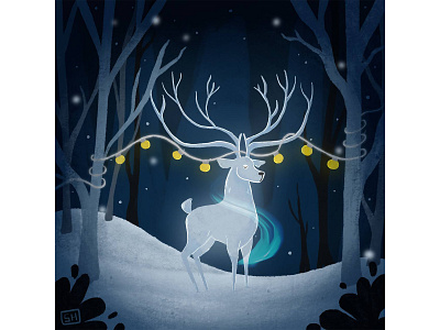 shiny deer at a snowy night animal childrenillustrationbok christmas cute deer design digital painting happy new year illustration jungle light magic night procreate snow
