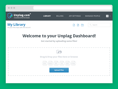 Welcome Screen for Unplag Dashboard dashboard drag drop files icon unplag upload