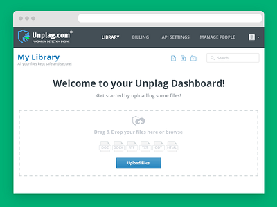 Welcome Screen for Unplag Dashboard