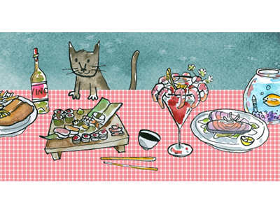 cat foodiac cat dinner fish food foodiac illustration karli tucker sushi web banner
