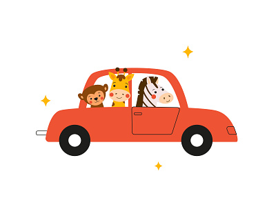 Funny Friends animals automobile car comic cute flat funny illustration journey kids travel trip vector wild