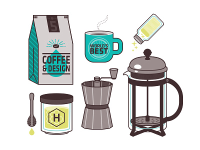 Lets make coffee brew coffee coffee cup coffee press honey icons illustration level five spice vector