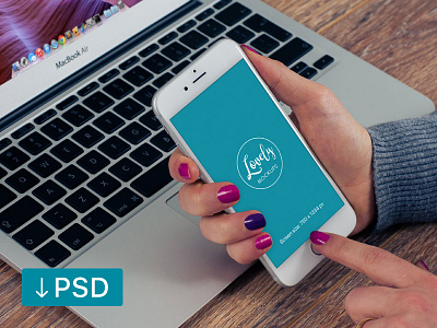 Mockup template: Woman With iPhone In Her Hand apple download free high resolution ios iphone mock up mockup photorealistic photoshop psd template