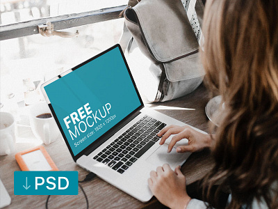 Free mockup: Woman Working On Her Macbook apple free high resolution macbook mock up mockup photorealistic photoshop psd workspace