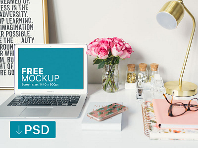 Free mockup: Macbook Air With Roses On the Table apple free high resolution macbook mock up mockup photorealistic photoshop psd workspace