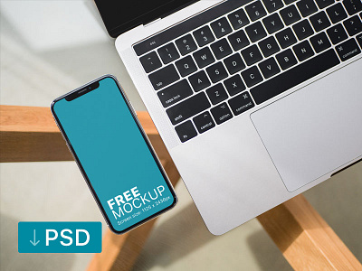 Free mockups: iPhone And Macbook On Glass Table