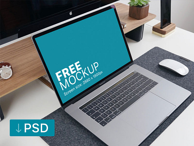 Free mockup: Macbook Pro with Office Supplies on the Table apple free high resolution macbook mock up mockup photorealistic photoshop psd workspace