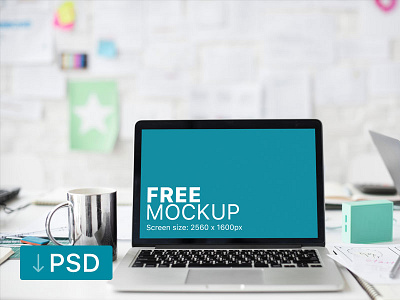 Free mockup: Macbook Pro with Tea Cup on Office Desk apple free high resolution macbook mock up mockup photorealistic photoshop psd workspace