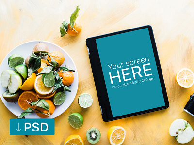 Samsung Chromebook Mockup With Fruits On Wooden Floor