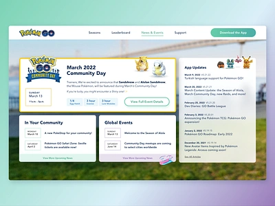 PokémonGo Event Screen branding dashboard desktop events game landing page news pastel pokemon pokemongo pokémon website