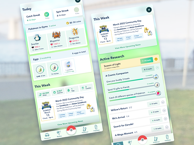 PokémonGo App Dashboard app app design concept dashboard game gaming mobile mockup niantic pokemon pokemongo redesign tracker ui ux