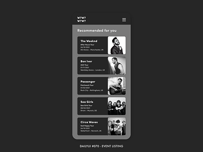 Daily UI #070 - Event Listing 070 adobe xd app band bands black white concerts dailyui design digital gig greyscale interface minimal monochrome music music app recommendations ui ux
