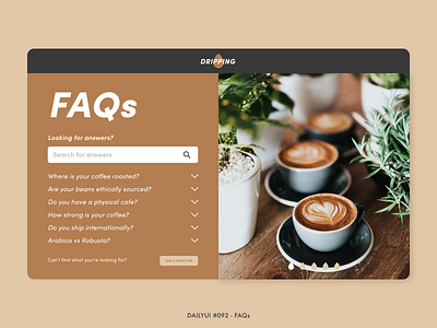 Daily UI #092 - FAQs 092 adobe xd answer cafe cappuccino challenge coffee coffee shop dailyui design digital faq faqs frequently asked questions interface minimal question questions ui ux