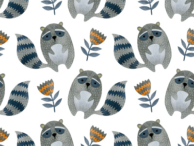 Seamless pattern design with raccoons art branding carroot design drawing folk graphicdesign illustration pattern a day pattern design patternart print scandinavian design scandinavian style watercolor